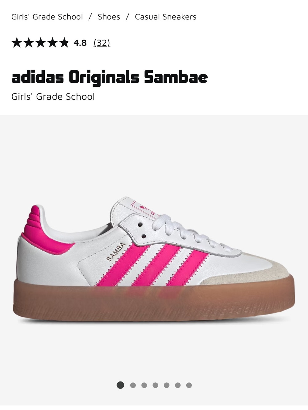 adidas Kids Samba Leather Sneakers in White & Hot Pink
